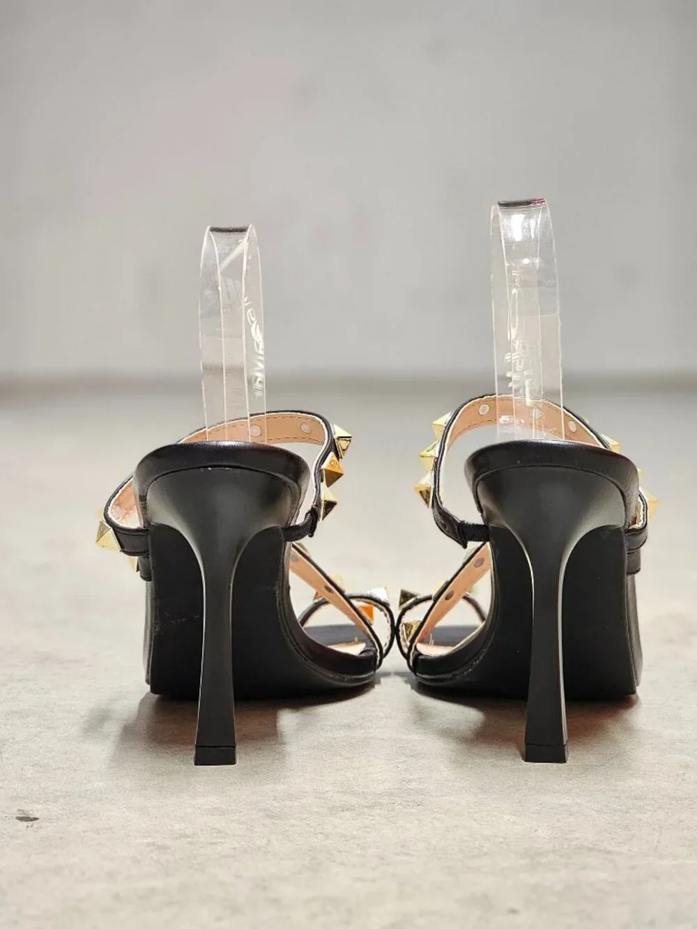 Black Studded High Heel Sandals With Straps And Square Toe Design For Women